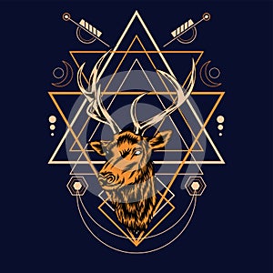 Deer head with sacred geometry pattern on black background-vector retr