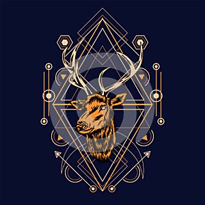 Deer head with sacred geometry pattern on black background-vector retr