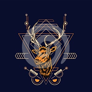 Deer head with sacred geometry pattern on black background-vector retr