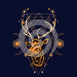 Deer head with sacred geometry pattern on black background-vector retr