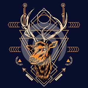 Deer head with sacred geometry pattern on black background-vector retr