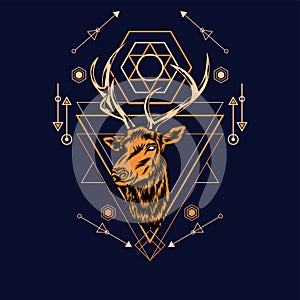 Deer head with sacred geometry pattern on black background-vector retr