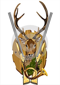 Deer head and shotgun on wooden banner.