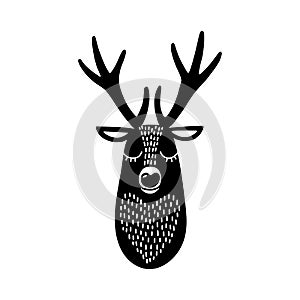 Deer head silhouette. Stylized drawing reindeer in simple scandi style. Nursery scandinavian art. Black and white vector