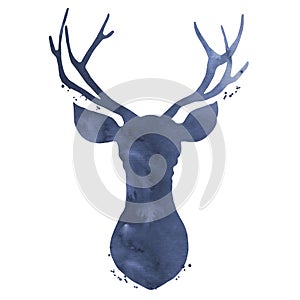 Deer head on white background. Watercolor illustration. Hand-drawn deer head silhouette, isolated on white