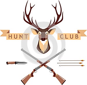 Deer Head, Wooden Arrows, Knife, Crossed Hunting Rifles and Brown Banner of Hunting Club Isolated in Flat Style. Vector