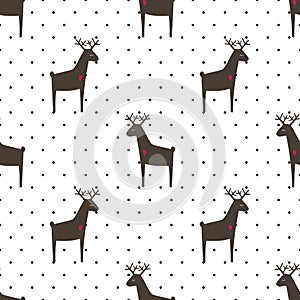 Deer with heart seamless pattern on polka dots background.