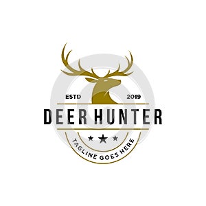 Deer hunter logo, badge, emblem, label design template. vector illustration of deer head silhouette and arrow. hunter club