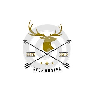 Deer hunter logo, badge, emblem, label design template. vector illustration of deer head silhouette and arrow. hunter club