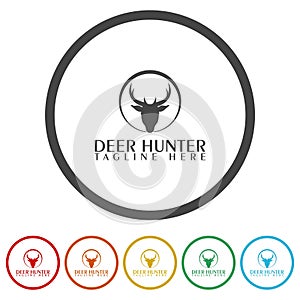 Deer hunter logo template. Set icons in color circle buttons