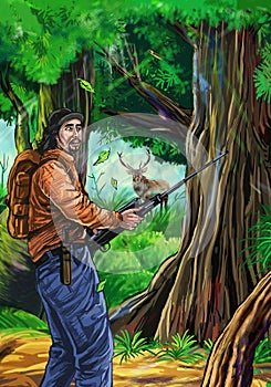 Deer Hunter searching deer in the forest