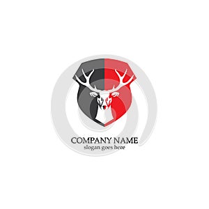 Deer hunter with shield logo design, Wild animal vector, Head deer illustration