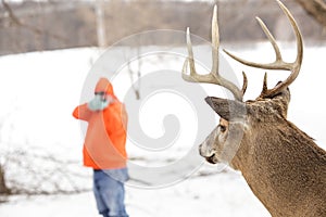 Deer hunter taking aim at a whitetail deer photo