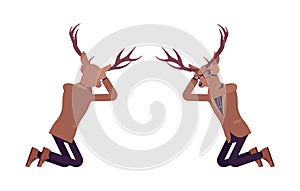 Deer man, mister moose, animal head human knelt in despair