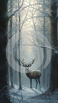 Deer in the misty forest. Winter landscape with a deer
