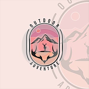 deer and mountain logo vintage vector illustration template icon graphic design. adventure outdoor at nature with retro badge and