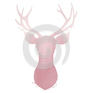 Deer Paint Watercolor Head Design Illustration isolated on white background. Pink Deer Nursery design