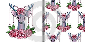 Deer and Peonies print and seamless pattern set