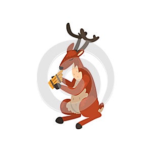 Deer playing harmonica, cartoon animal character with musical instrument vector Illustration on a white background