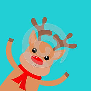 Deer raindeer head face peeking fom corner. Merry Christmas. Red nose, scarf, hornd. Happy New Year. Cute cartoon kawaii funny