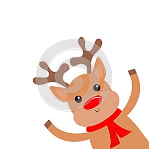 Deer raindeer head face peeking fom corner. Red nose, scarf, hornd. Merry Christmas. Happy New Year. Cute cartoon kawaii funny