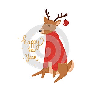 Deer in red Christmas comfortable cozy sweater and sign with happy new year