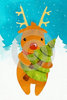 Deer Rudolf new year with a tree