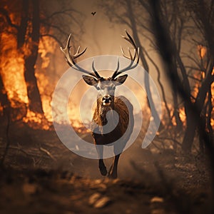a deer running in front of the camera, in front of some burning woods
