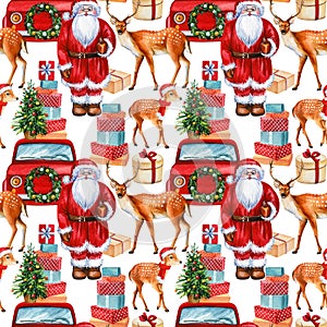 Deer, Santa Claus, Cars and gifts, winter holidays seamless pattern, christmas background, digital paper