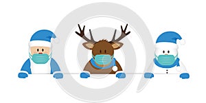 Deer santa and snowman cartoon with mask corona virus christmas design