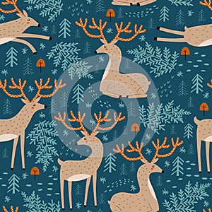 Seamless pattern with cute deer. Vector illustrations