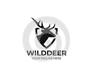 Deer and shield logo template. Stag vector design