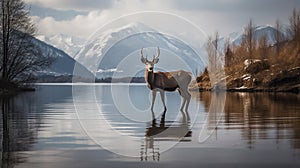 Deer Silhouette and Antler Reflection at Lakeside with Snowy Peaks. Generative AI