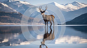 Deer Silhouette and Antler Reflection at Lakeside with Snowy Peaks. Generative AI