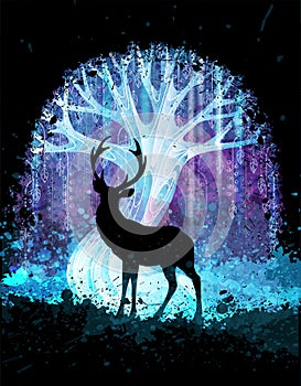 Deer silhouette in front of magic surreal tree in the night. Grunge vector illustration. Suits for poster or background