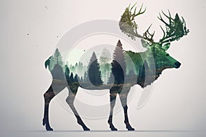 Deer Silhouette in Pine Forest with Birds, White Background - Illustration, Generative Ai