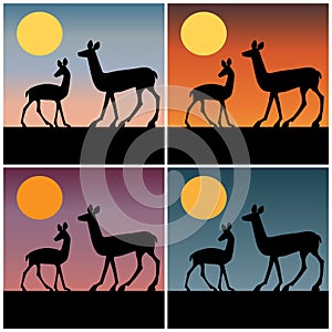 Deer silhouette with sunset illustrations