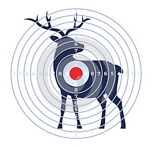 Deer silhouette with target circles over it. Bullseye on animal concept for precision or hunting. Goal setting and