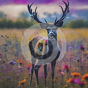 Deer silhouette with a wildflower field. AI-Generated.