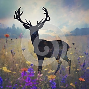 Deer silhouette with a wildflower field. AI-Generated.