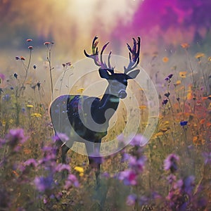 Deer silhouette with a wildflower field. AI-Generated.