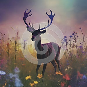 Deer silhouette with a wildflower field. AI-Generated.