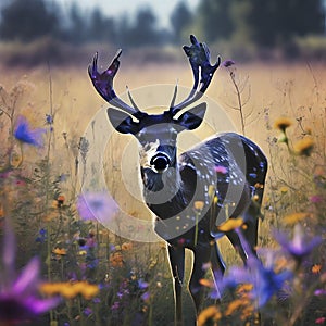 Deer silhouette with a wildflower field. AI-Generated.