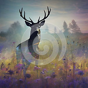 Deer silhouette with a wildflower field. AI-Generated.