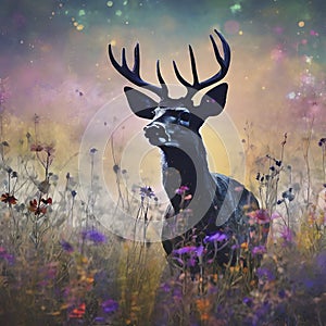 Deer silhouette with a wildflower field. AI-Generated.