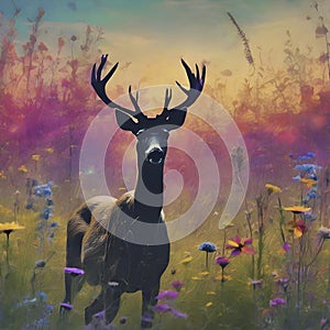 Deer silhouette with a wildflower field. AI-Generated.