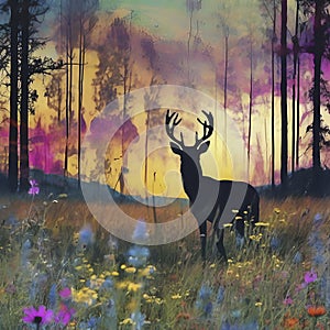 Deer silhouette with a wildflower field. AI-Generated.