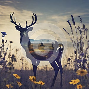 Deer silhouette with a wildflower field. AI-Generated.