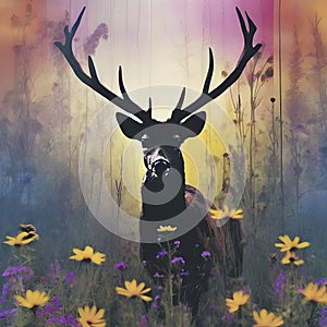 Deer silhouette with a wildflower field. AI-Generated.