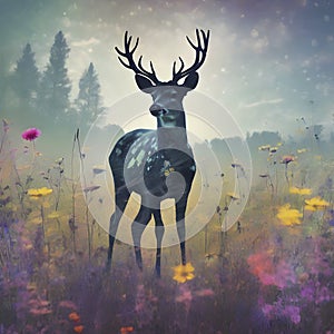 Deer silhouette with a wildflower field. AI-Generated.